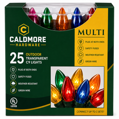 CALDMORE HARDWARE 25 Outdoor Transparent C9 Lights – Multi Colour String Lights